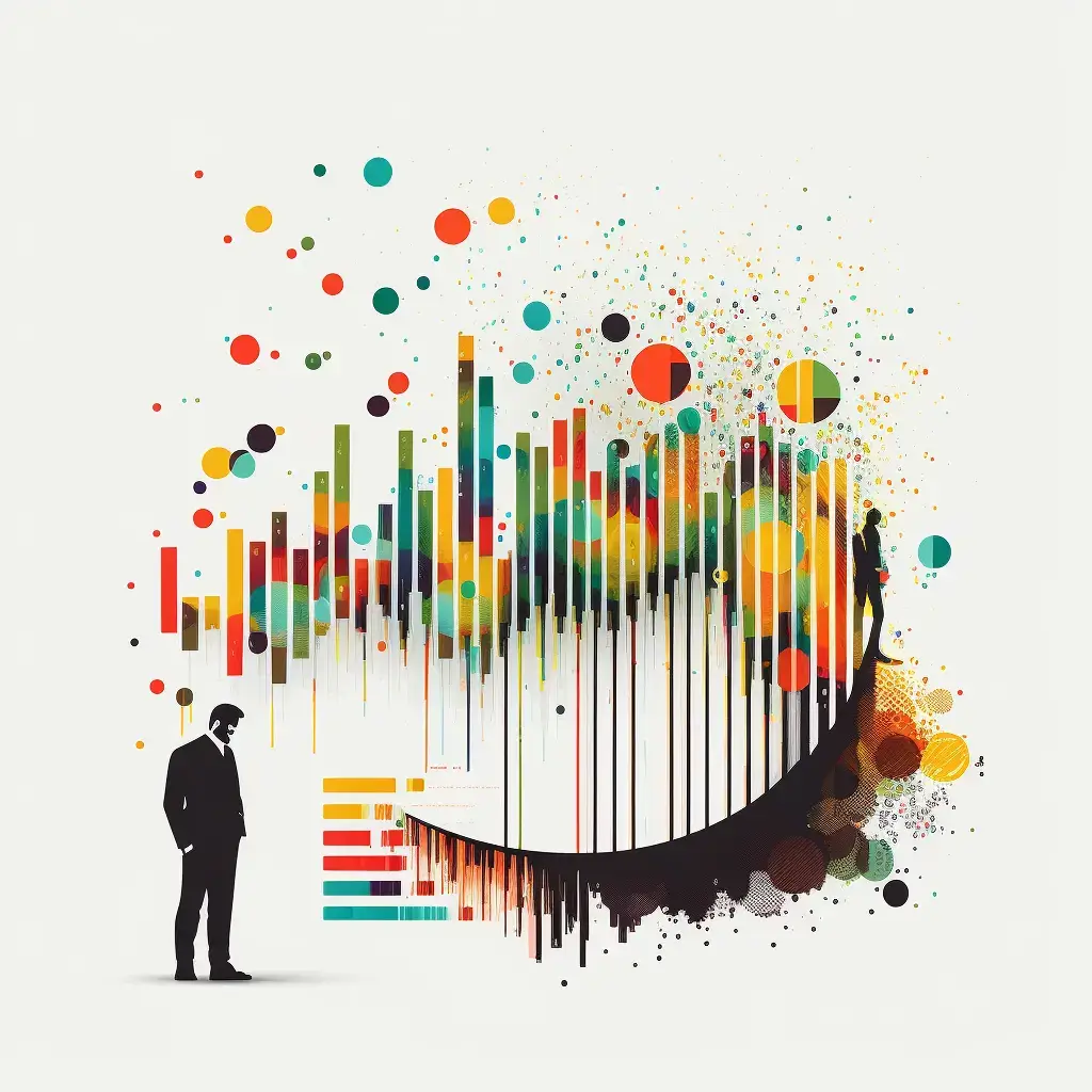 Artistic representation of CRM analytics, blending data visualizations with creative design elements, symbolizing sales management insights.